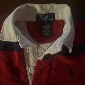 Boys 2T Polo by Ralph Lauren Red Rugby Shirt with White Collar and Navy Stripe